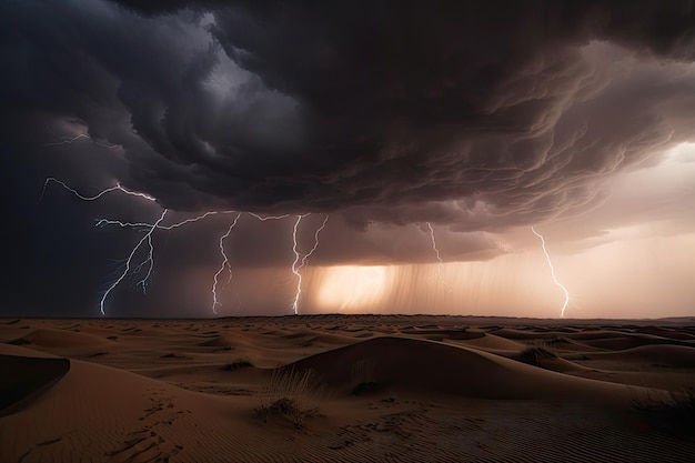 Tempesta nel deserto con fulmini e tuoni in lontananza