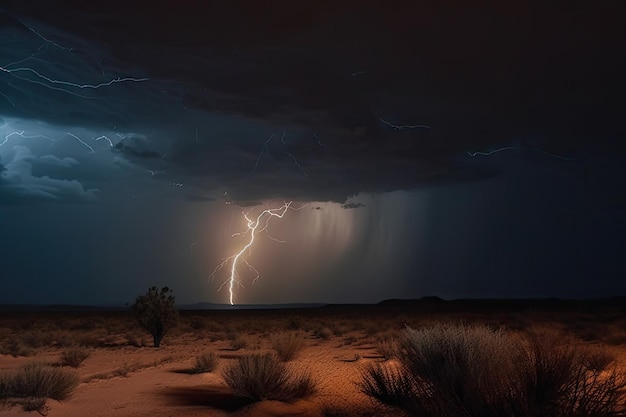 Tempesta notturna nel deserto con fulmini e tuoni che portano un clima drammatico al paesaggio arido