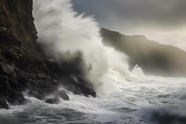 Tempesta oceanica con onde che si infrangono contro la scogliera rocciosa IA generativa