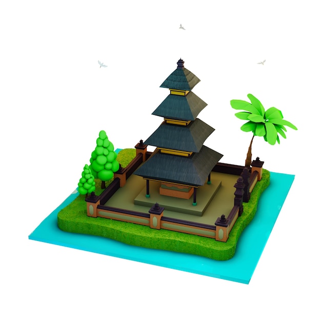 tempio di bali nel mezzo dell'iconico lago dell'isola di bali 3d isometrico