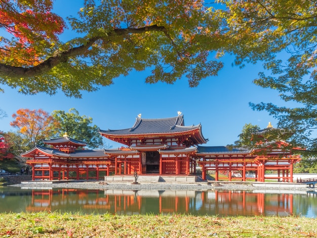 Tempio di Byodoin e acero rosso con riflesso nell&#39;acqua, Kyoto-Giappone.