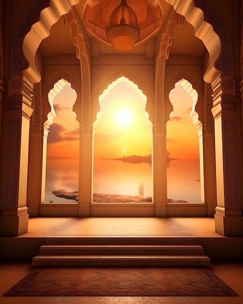 tempio di preghiera islamico con sfondo di preghiera islamica con luce solare dietro di esso