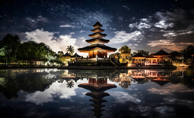 Tempio di Pura di notte con cielo stellato e riflesso nell'acqua Nyepi a Bali, Indonesia.