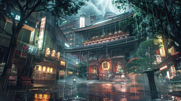 tempio in mezzo a un ambiente cyberpunk dove la pioggia cascata giù in una rappresentazione ultrarealista