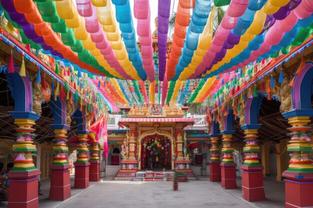 Tempio indù in piena festa con striscioni colorati e lanterne