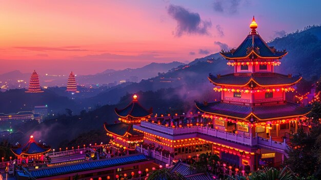 Tempio tradizionale cinese illuminato con pagode al crepuscolo in un paesaggio montuoso nebbioso