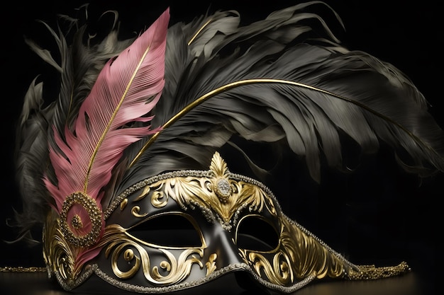 Tempo di carnevale Maschera veneziana con piume su sfondo nero Rete neurale AI generata