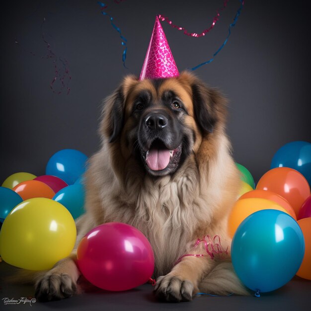 tempo di festa leonberger indossando un cappello colorato e circondato da confetti