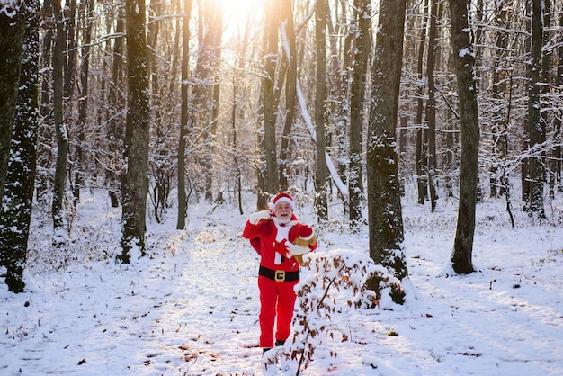 Tempo di Natale con la neve babbo natale a piedi in montagna d'inverno