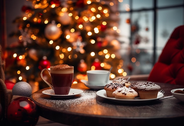 Tempo di Natale Servito tavolo da caffè in un bar o ristorante con bevande calde e biscotti contro l'albero di abete ghirlanda festiva luci bokeh decorazioni di Capodanno appartamenti confortevoli camera d'albergo accogliente