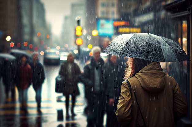 Tempo freddo e piovoso a New York le persone si nascondono sotto gli ombrelli Immagine lunatica generativa dell'intelligenza artificiale