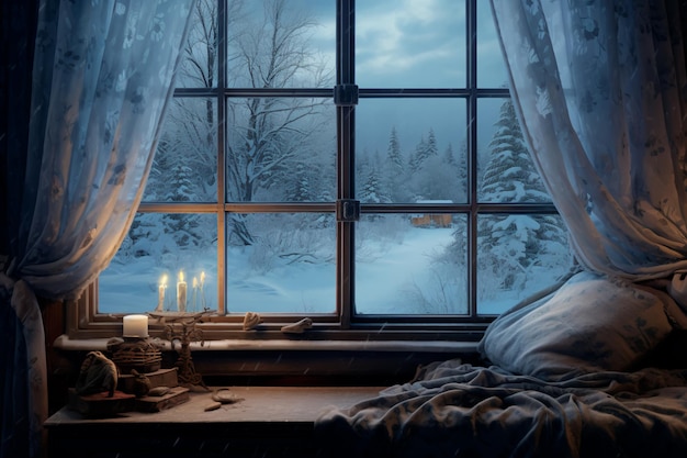 Tempo invernale fuori dalla finestra Atmosfera invernale Sfondo sfondo AI Generato