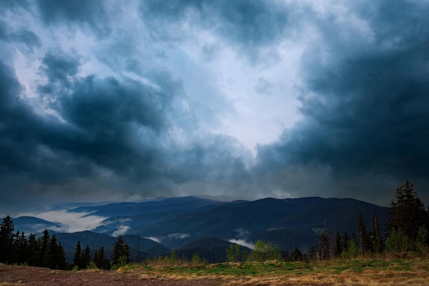 Tempo nuvoloso sulle colline ricoperte di foreste di abeti rossi nei Monti Rodopi e nebbia tra le catene montuose