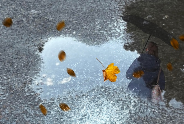 tempo piovoso gocce di pioggia in asfalto e donna con ombrello siluetthe in acqua di pozzanghera