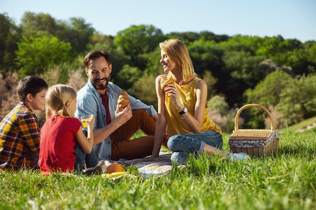 Tempo soleggiato. Madre attenta attraente che sorride e che fa picnic con la sua famiglia