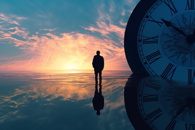 Tempo Una corrente irreversibile che scorre in una sola direzione dal passato attraverso il presente fino al futuro Clessidra secondi orologio astratto eternità Scompare e cade nell'oblio IA generativa