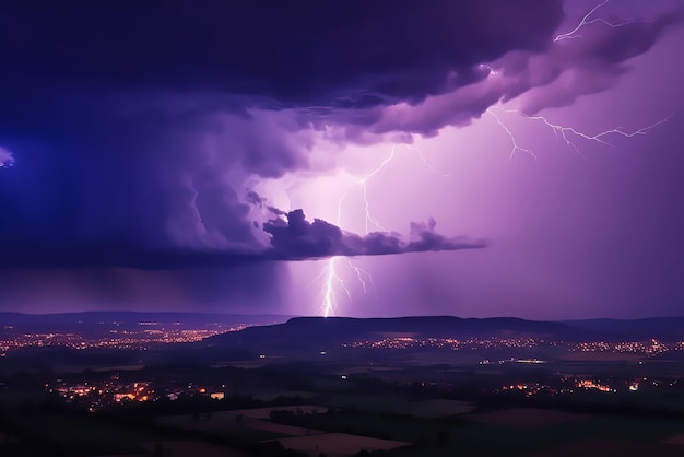 Temporale con fulmini che lampeggia nel cielo notturno Concetto di temporale con fulmini AI generativo in colori viola