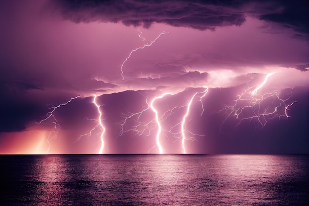 Temporale con lampi luminosi sopra le nuvole temporalesche dell'acqua di mare nel bel cielo