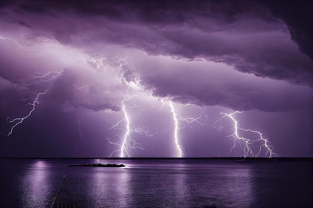 Temporale con lampi luminosi sopra le nuvole temporalesche dell'acqua di mare nel bel cielo