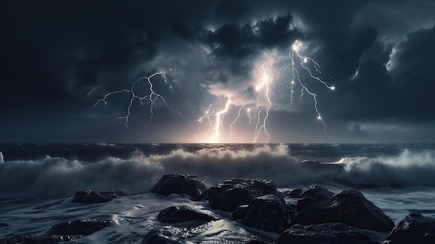 Temporale su onde di tempesta sul mare con nuvole drammatiche ai generativa