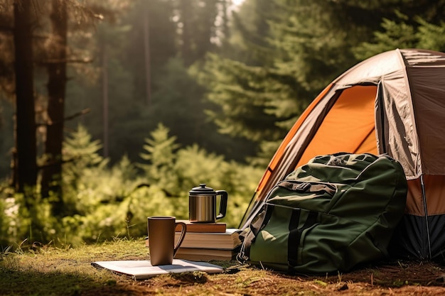 Tenda arancione con zaino e una mappa spalancata in una fitta foresta Spazio per il testo