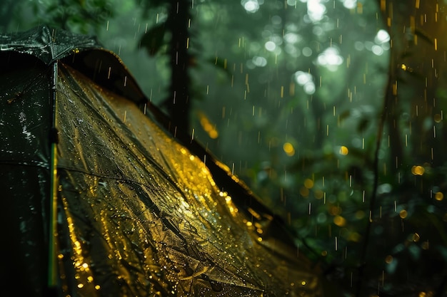 Tenda bagnata nel campeggio nella foresta con la pioggia Generativa AI