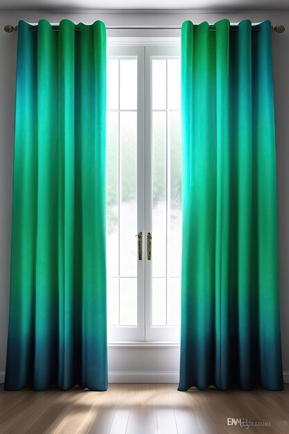 Tenda con tintura a cravatta sfumata blu turchese drappeggiata all'ombra della griglia della finestra alla luce del sole sulla parete verde pastello