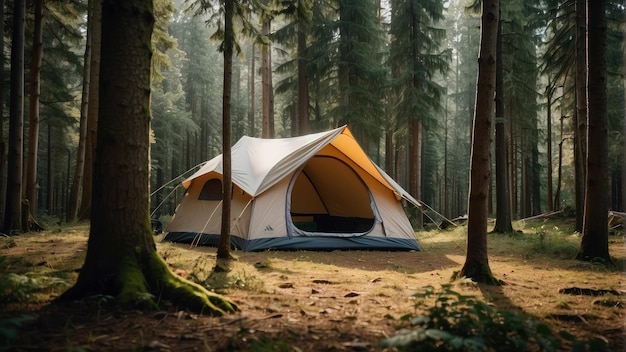 Tenda da campeggio allestita in una fitta foresta di pini