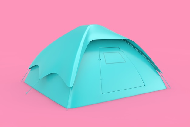 Tenda da campeggio blu della cupola turistica su un rendering 3d di sfondo rosa
