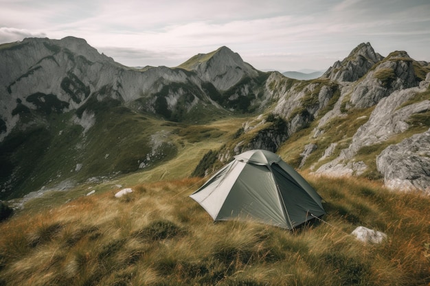 Tenda da campeggio con splendida vista sul paesaggio montano al tramonto IA generativa