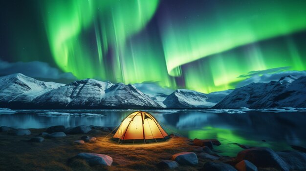 Tenda da campeggio gialla brillante sotto un bellissimo verde