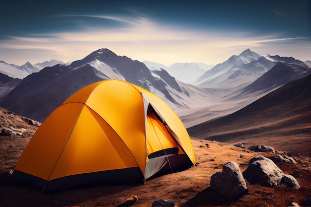 Tenda da campeggio in alta montagna con sfondo di montagna e cielo limpido Concetto di escursionismo ai generativo