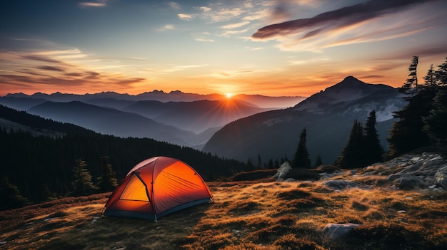 Tenda da campeggio in alto in montagna tenda turistica in montagna al tramonto