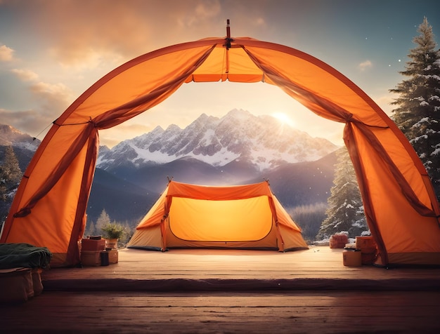 Tenda da campeggio in montagna al tramonto Concetto di viaggio e vacanza