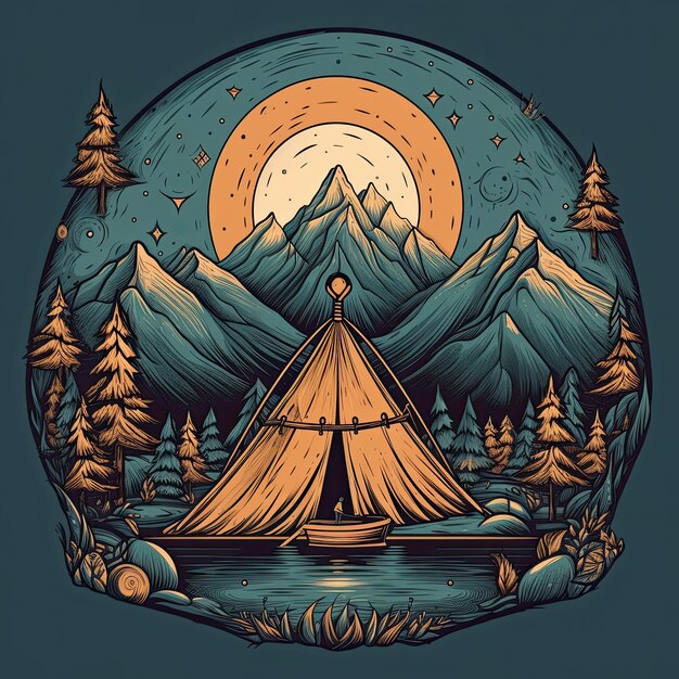 Tenda da campeggio in montagna Illustrazione disegnata a mano vettoriale Tshirt print design