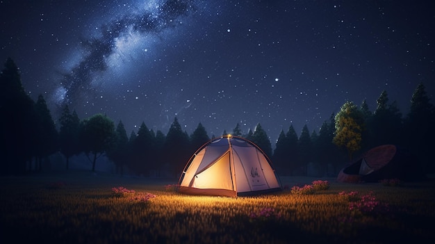 Tenda da campeggio nella foresta di notte con cielo stellato e via lattea generativa ai