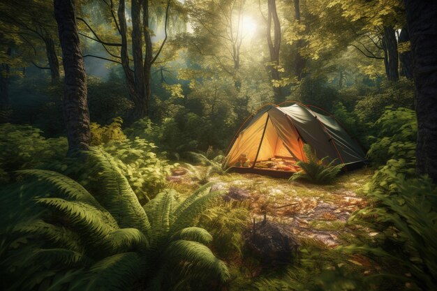 Tenda da campeggio nella foresta IA generativa