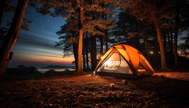 tenda da campeggio vicino agli alberi durante la notte