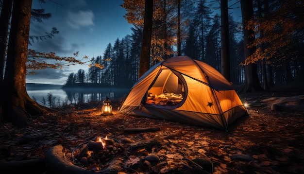 tenda da campeggio vicino agli alberi durante la notte