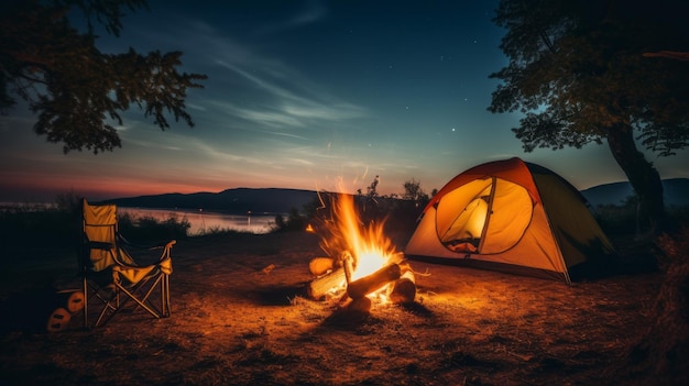 Tenda da campo e falò di notte