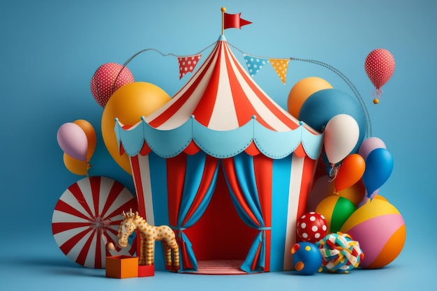 Tenda da circo con palloncini e dolci su sfondo blu IA generativa