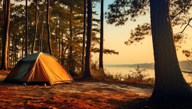 Tenda fotografica da campeggio all'aperto in mezzo alla natura vicino a un lago al tramonto escursioni avventurose all'aperto