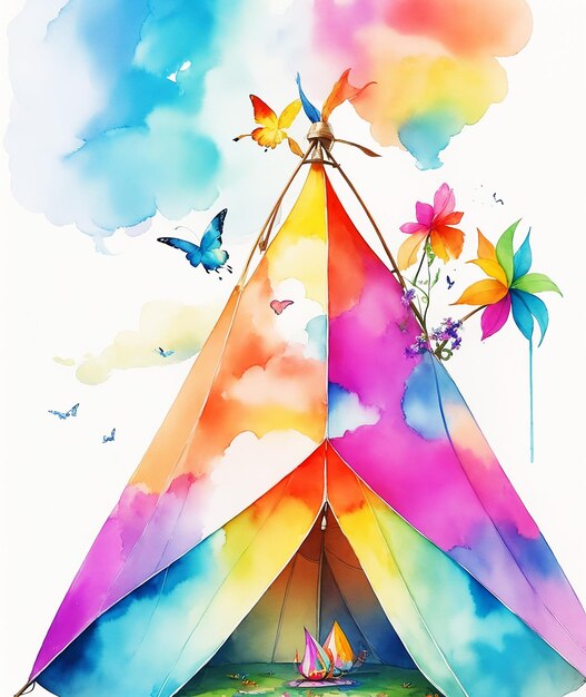 tenda geometrica cottage paradiso farfalla fiori arcobaleno soffice vernice su carta immagine acquerello HD