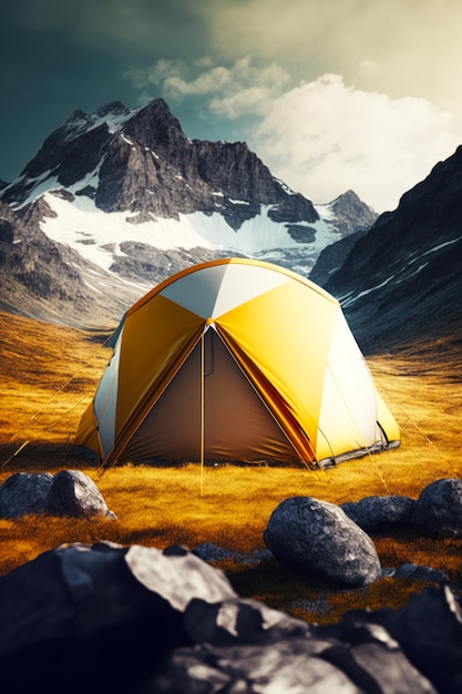 Tenda gialla e bianca seduta in cima a un campo coperto di erba vicino alle montagne IA generativa