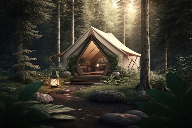 Tenda glamping nella luminosa foresta eco vacanza nella natura