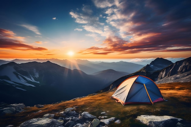 Tenda in montagna al tramonto AI generativa