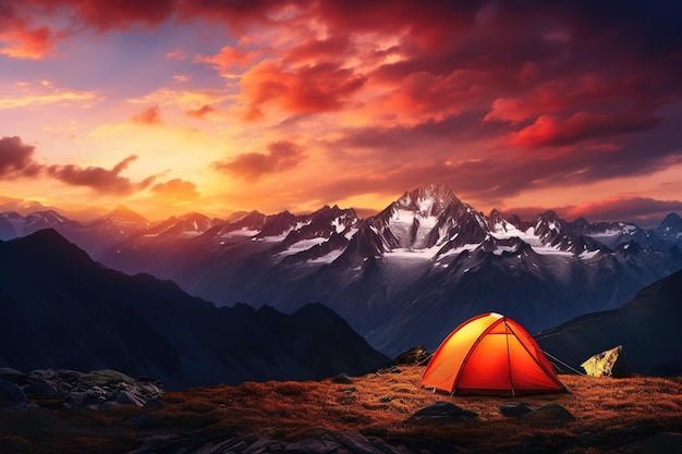 Tenda in montagna al tramonto Bel paesaggio estivo con una tenda