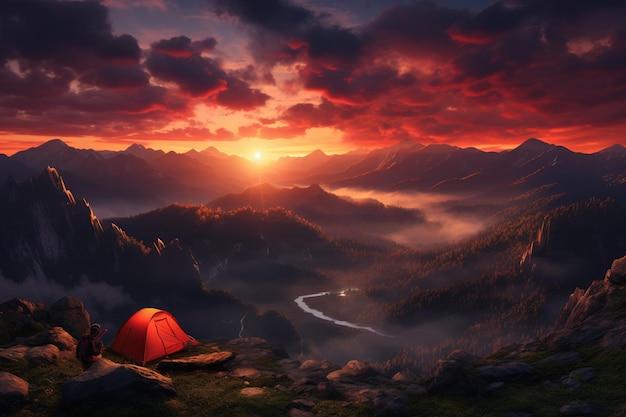 Tenda in montagna al tramonto Bel paesaggio estivo con una tenda