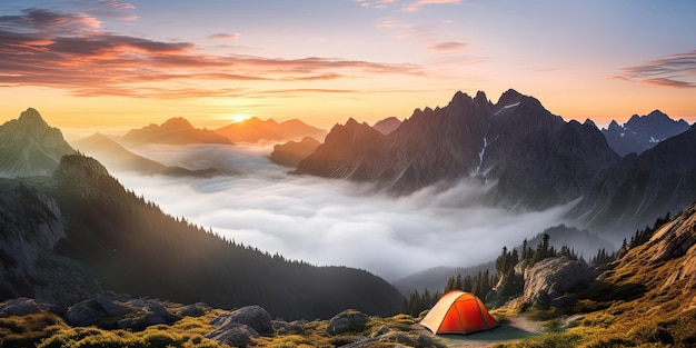 Tenda in montagna all'alba AI generativa