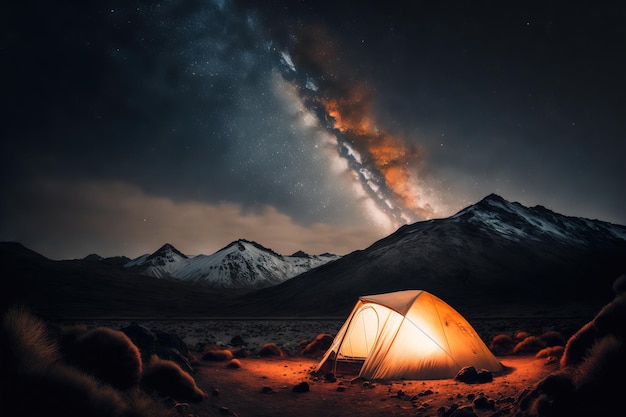 Tenda incandescente sotto un cielo stellato negli altopiani